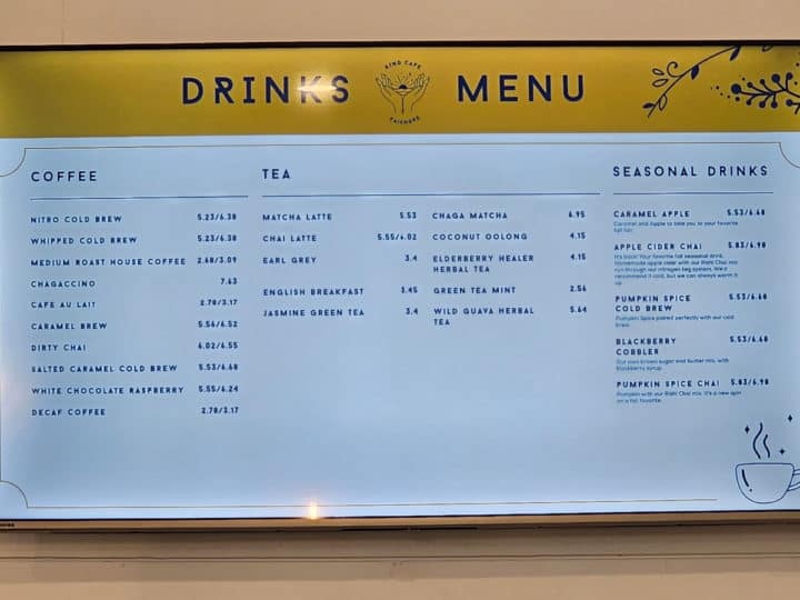 drinks menu at Kind Cafe