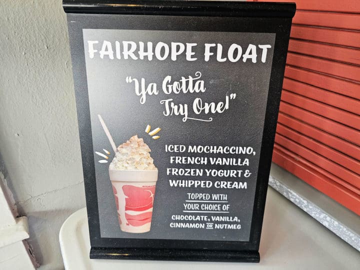 Fairhope float sign with description of the drink