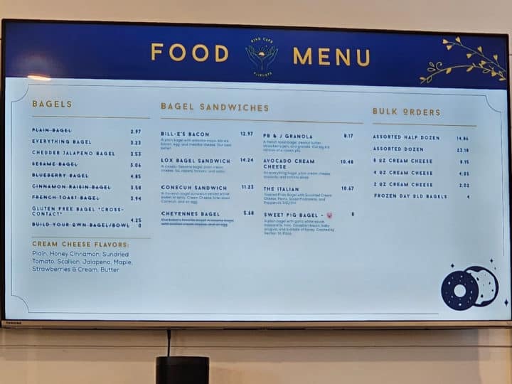 bagel and food menu at Kind Cafe