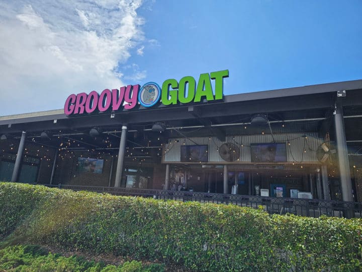 Groovy Goat sign over outdoor patio