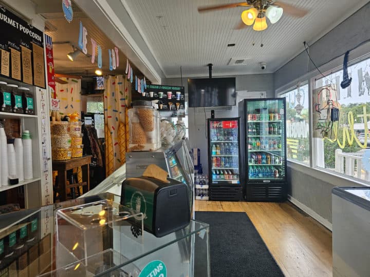 interior of Mr. Gene's Beans with ice cream display and soda in a cooler