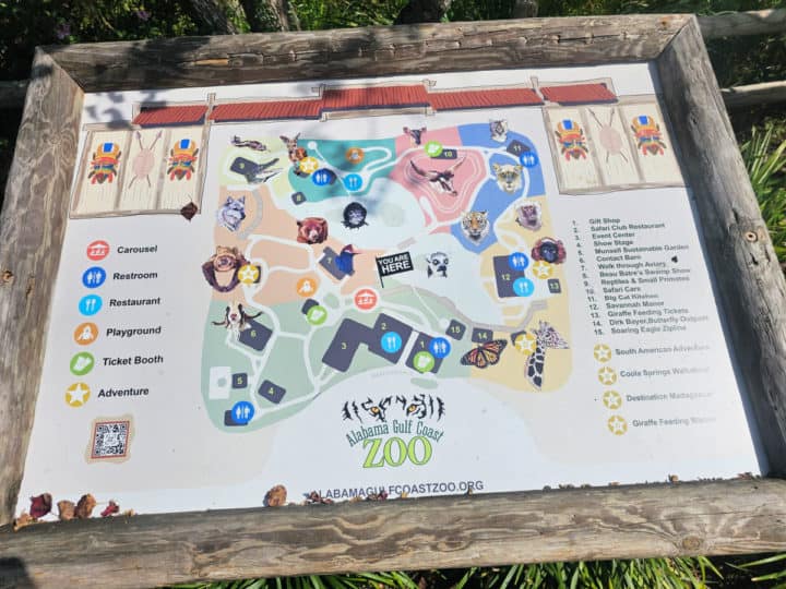 map of the Alabama Gulf Coast zoo showing exhibits and animal encounters