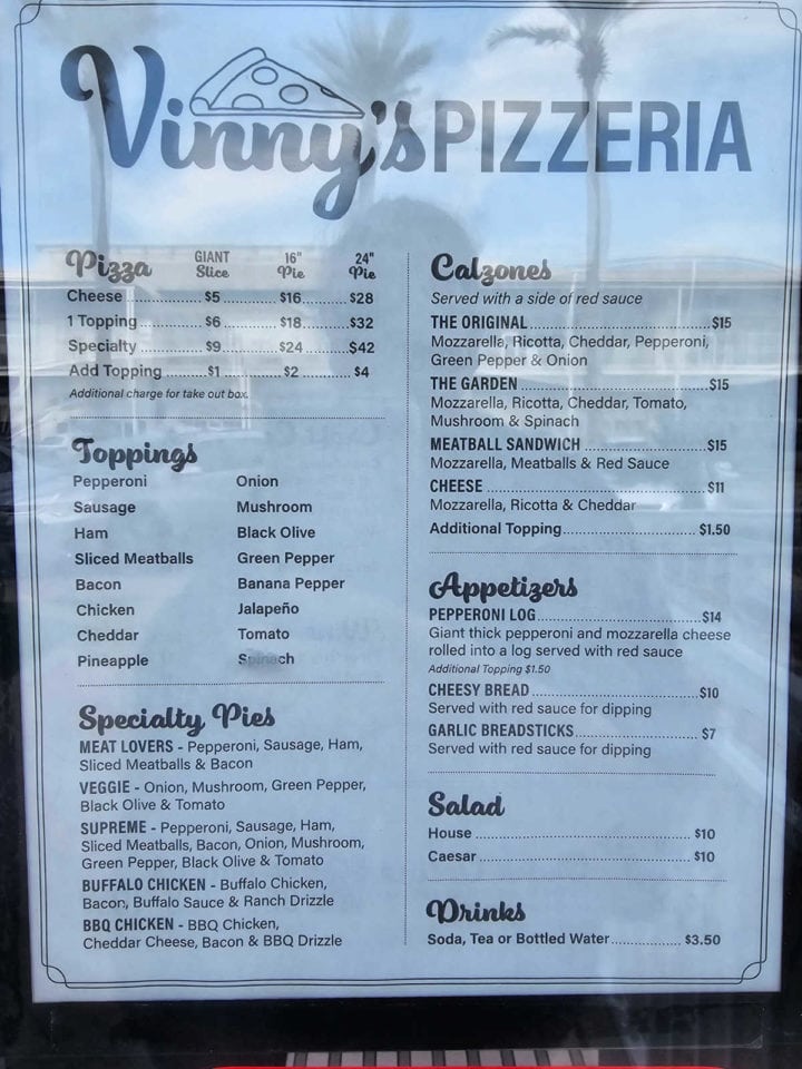 Vinny's pizzeria menu with pizzas, toppings, specialty pies, calzones, appetizers, salads, and drinks
