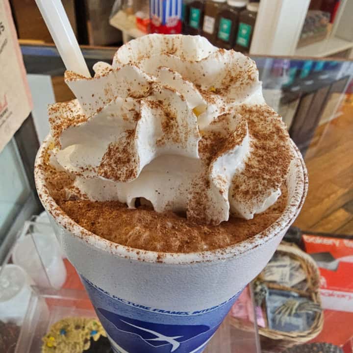 Fairhope float with whipped cream, chocolate in a large cup