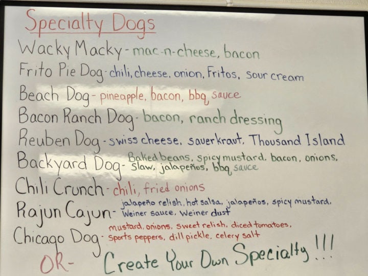 Specialty Hot dog menu