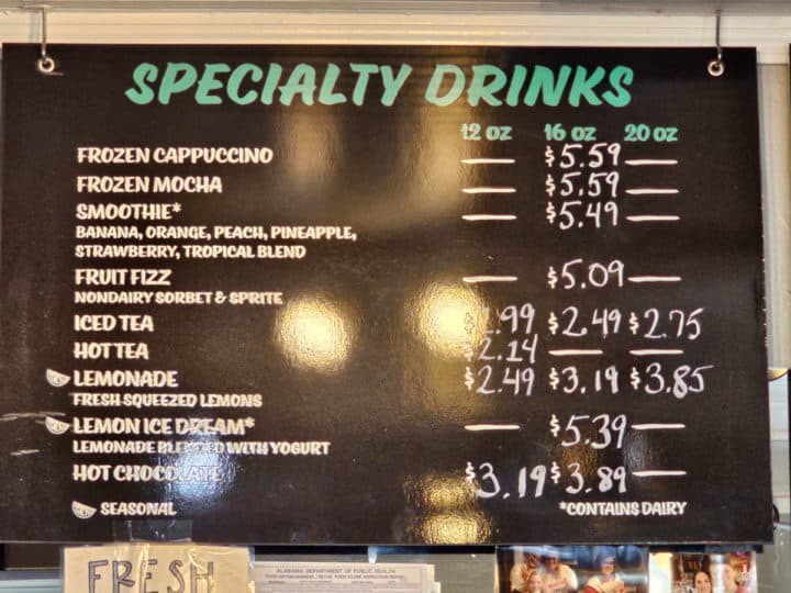 Specialty drinks menu