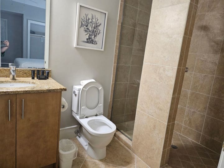 bathroom with walk in shower, toilet, and sink