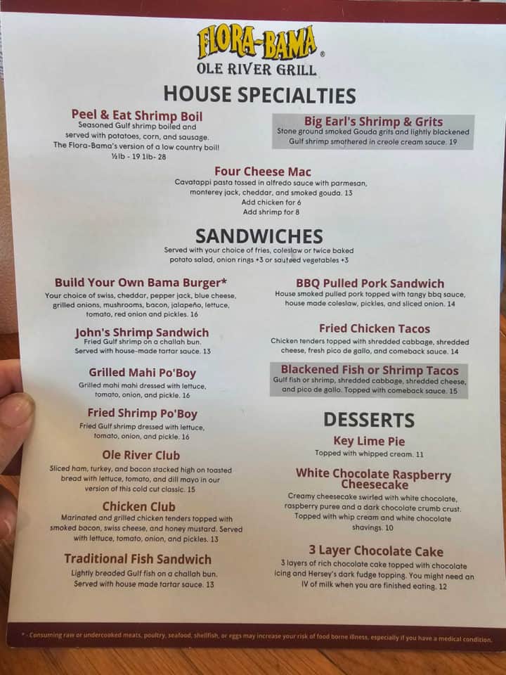 Flora Bama Ole River Grill Menu with house specialties, sandwiches, and desserts