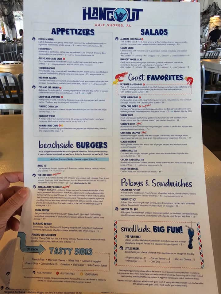 The Hangout Menu with appetizers, salads, burgers, and coast favorites