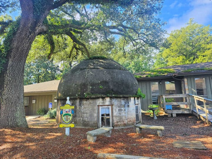 Historic dome house under a tree next to buildings