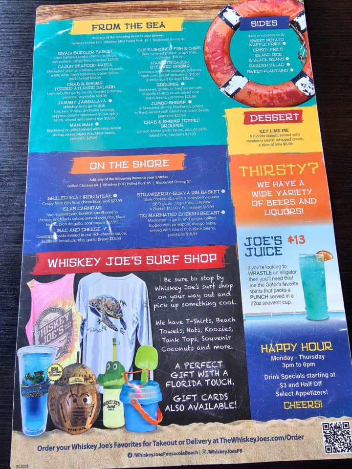 Entree menu, dessert and sides with gift store items shown and Joe's Juice