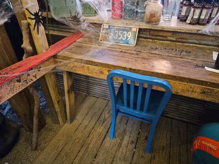 blue chair next to a counter