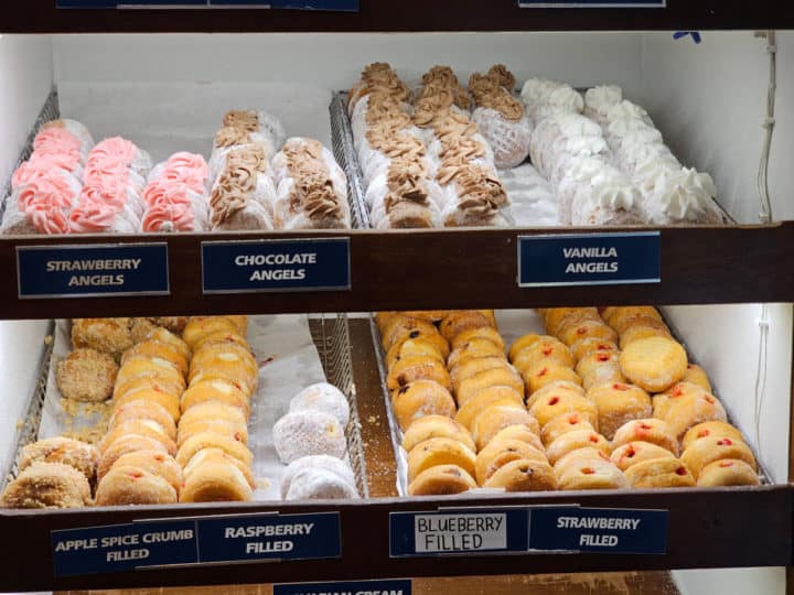 angel donuts on display on shelves