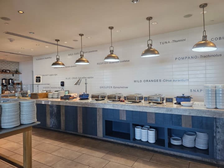 buffet line with silver chafing dishes and lights over head. Super clean with stacks of bowls and plates, white walls