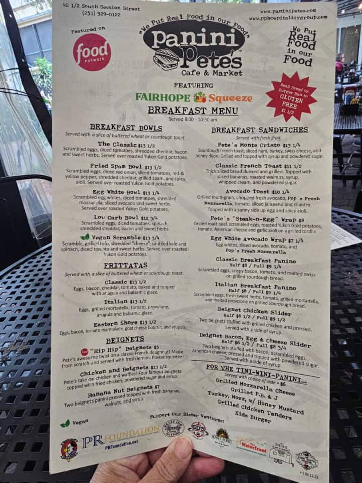 Breakfast Menu with Panini Pete's logo and Food Network on it
