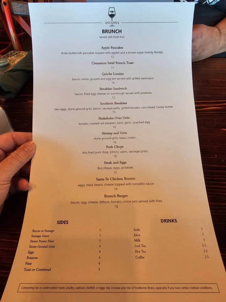 Brunch Menu with savanna logo at the top