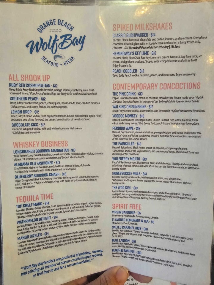 Wolf Bay Restaurant Drink Menu