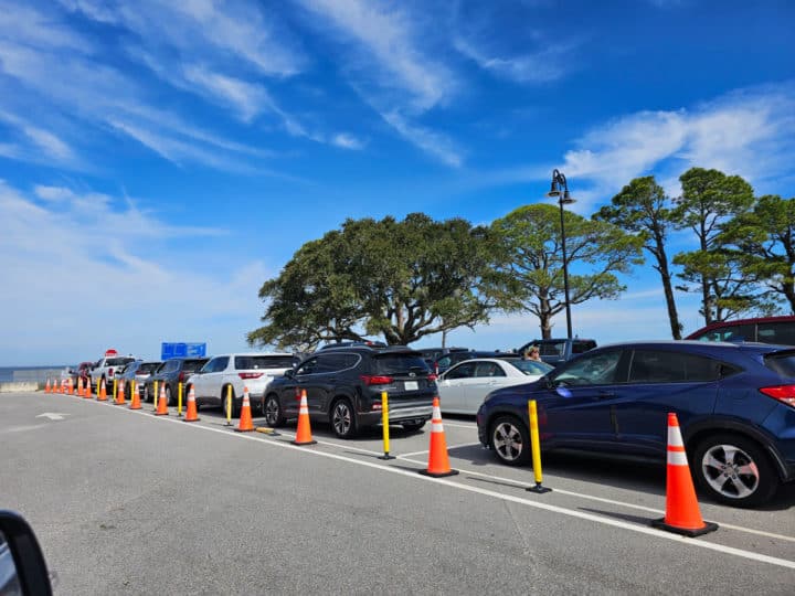 Cars lined up for the Ferry with trees in the background on a blue sky day