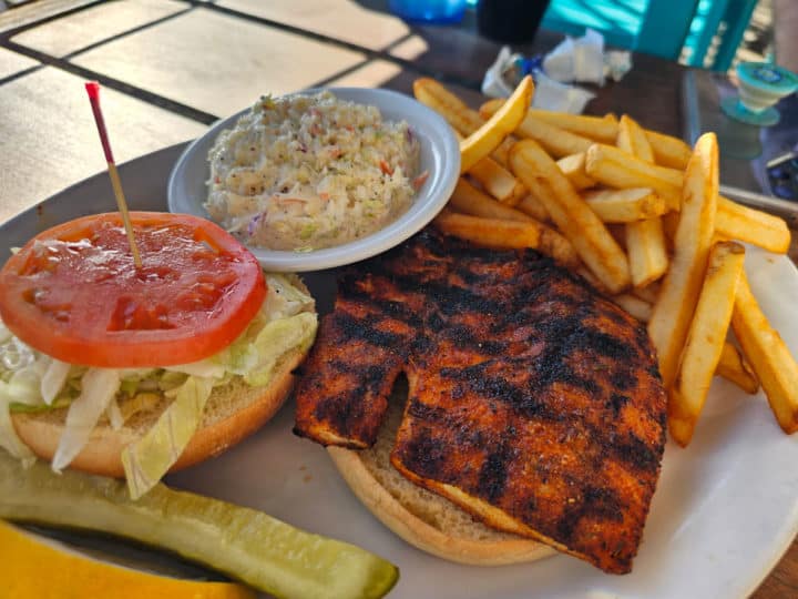 Gulf snapper sandwich with coleslaw, a pickle slice, and fries on a white plate