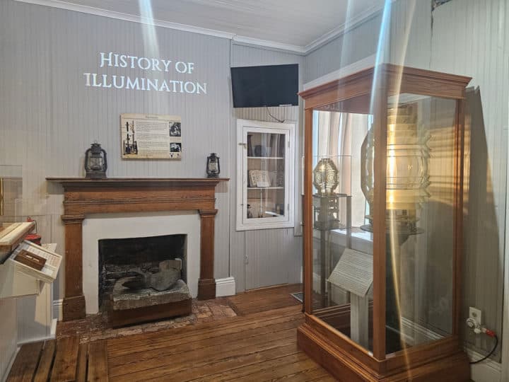 light of Illumination on the wall with a historic fireplace, light reflecting from a lighthouse light and information signs