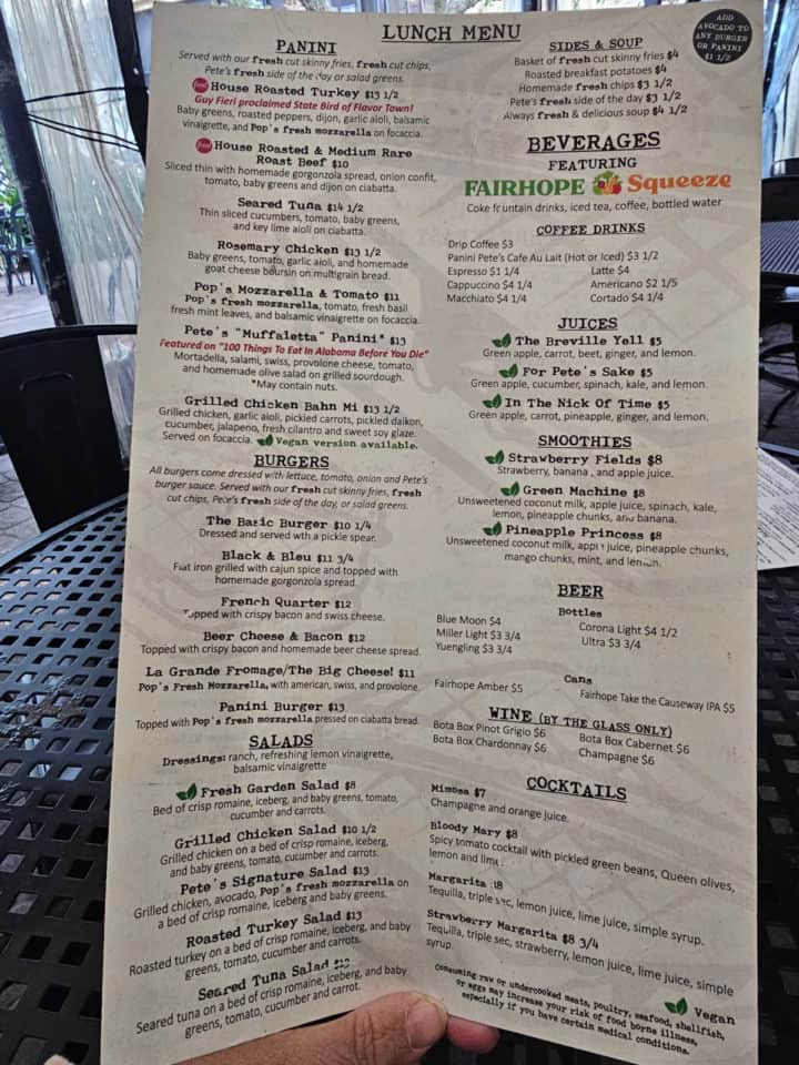 lunch menu with Fairhope Squeeze logo, panini, burgers, salads, and beverages