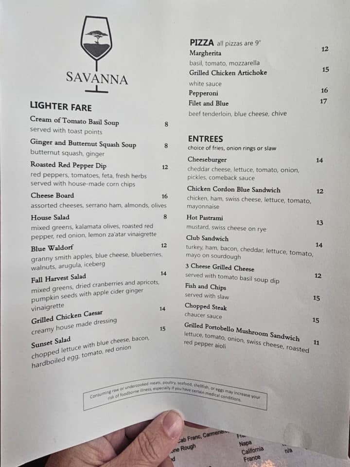 Lunch menu with Savanna restaurant logo