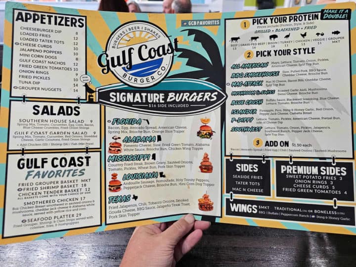 Gulf Coast Burger Co menu with appetizers, salads, and signature burgers 