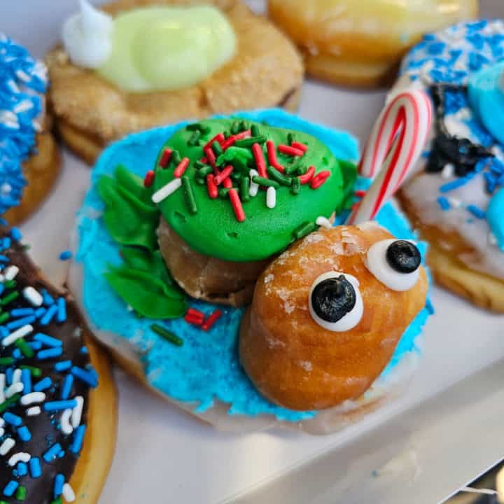 turtle donut with a candy cane in a box filled with doughnuts