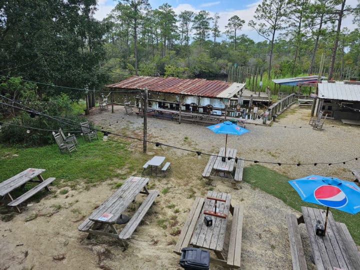 outdoor picnic tables with a large building and swamp area in the background