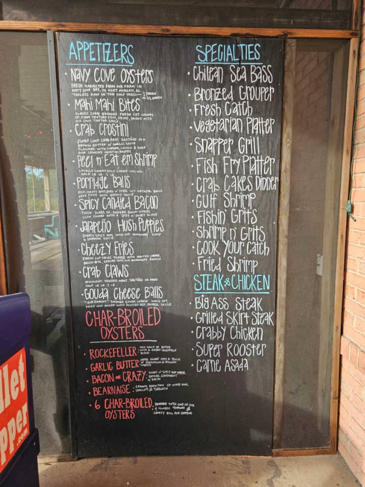 appetizers and specialties listed on a chalkboard