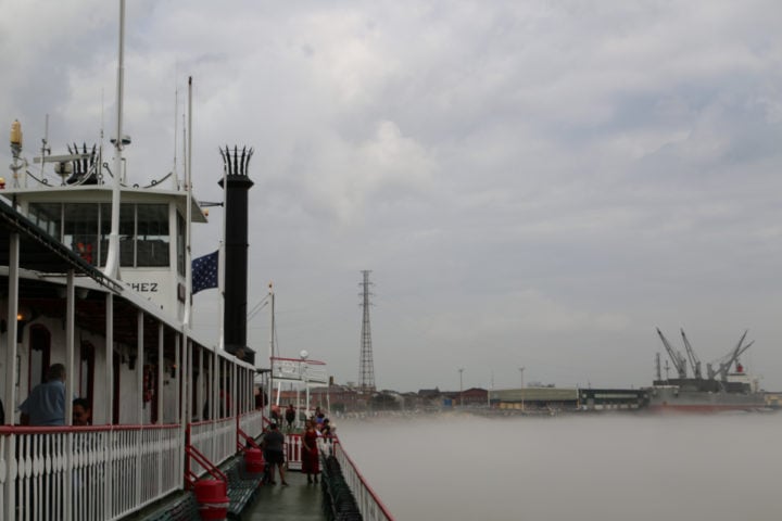 fog surrounding the steamboat natchez on the Mississippi River