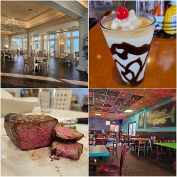 collage with two restaurant photos, a drink, and filet mignon