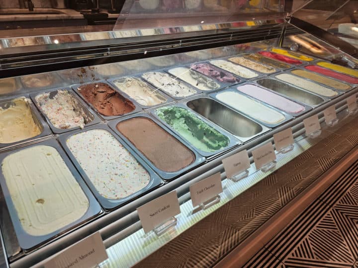 Italian gelato display in a glass case 