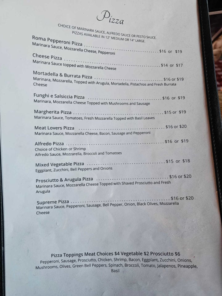 pizza menu with items and prices listed