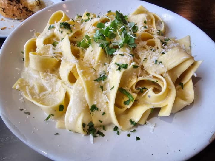 long noodles with cream sauce on a white plate