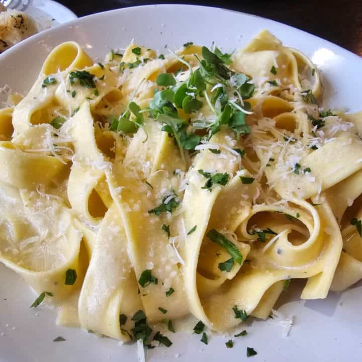 cream sauce pasta on a white plate