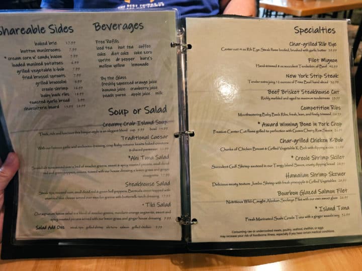 menu with drinks, appetizers, and entrees