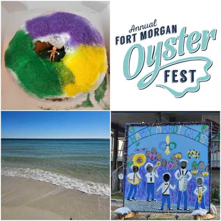 Collage of king cake, Fort Morgan Oyster Fest, beach, and Mardi Gras sign