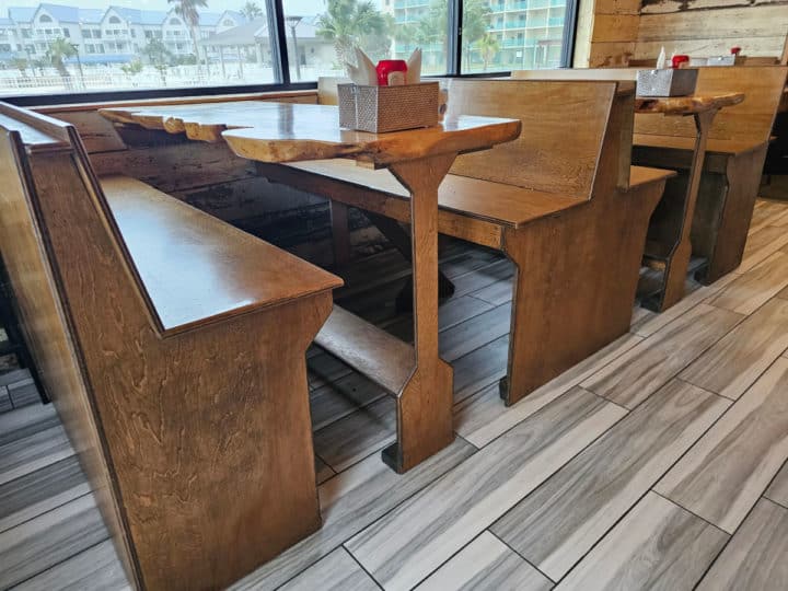 bar height benches and wood table