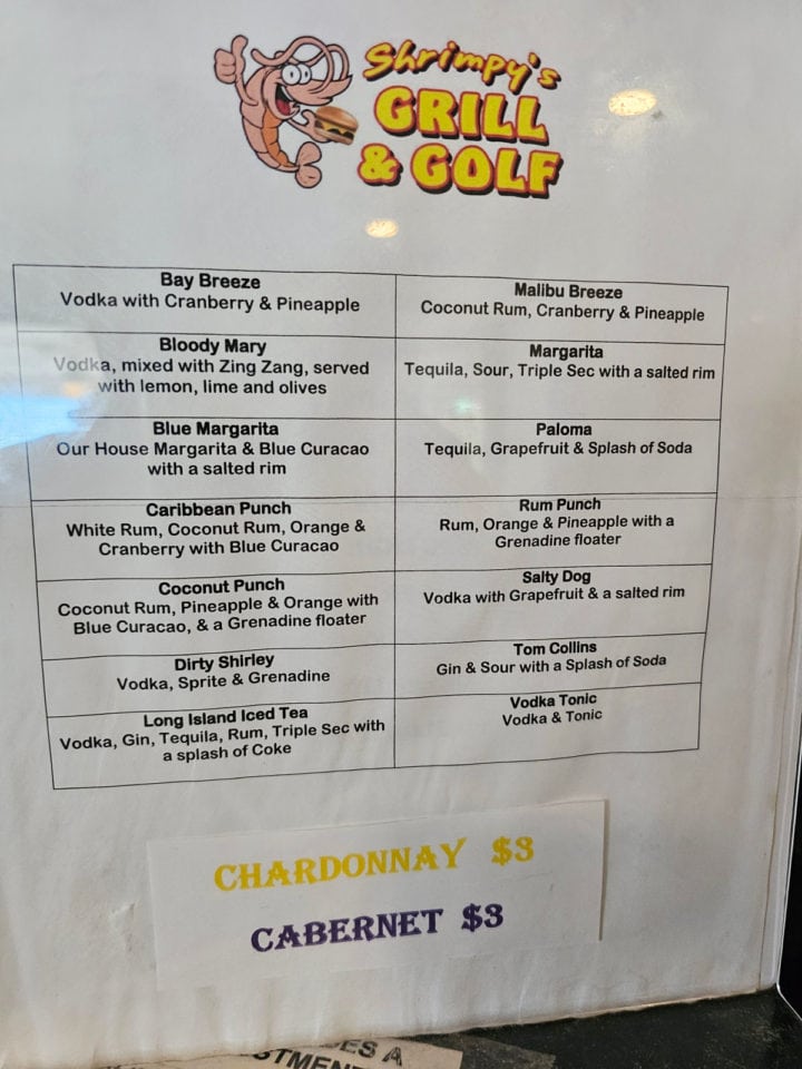 drink menu with Shrimpy's grill and golf logo at the top