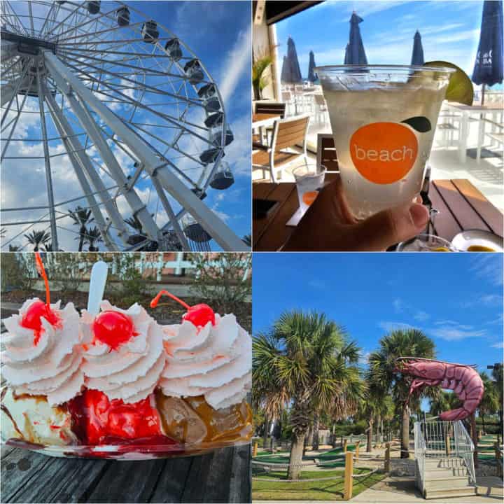 Collage of photos with The Wharf Ferris Wheel, Orange Beach Glass, Banana Split, and Shrimpy's statue and mini golf