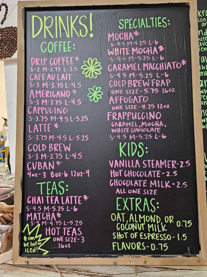 Drink menu with list of coffee and tea drinks and kids drinks