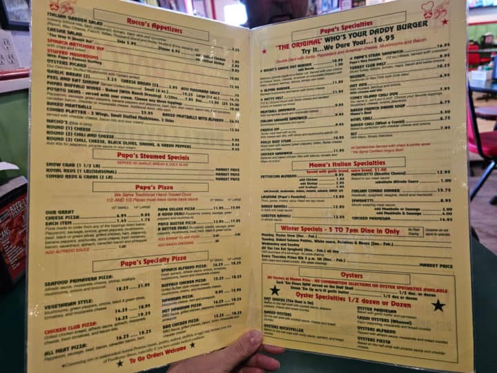 large menu with papa Rocco's pizza, appetizers, oysters, and pasta dishes