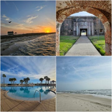 Collage of things to do in Fort Morgan with sunset, historic fort morgan, pool, and beach