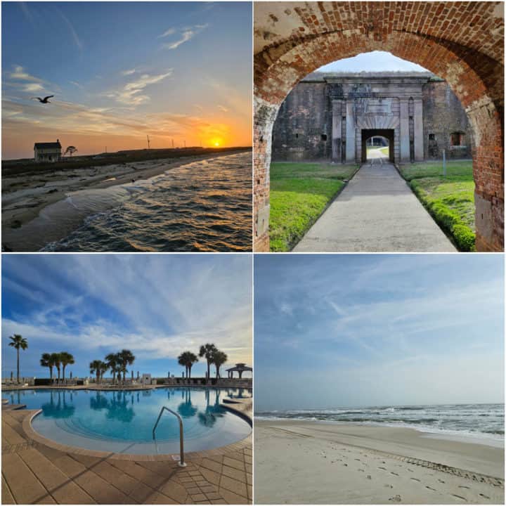 Collage of things to do in Fort Morgan with sunset, historic fort morgan, pool, and beach 