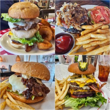Collage of the best burgers in Gulf Shores and Orange beach on plates with French fries and onion rings