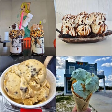 Collage of ice cream in Orange beach with Milkshake Momma milkshake, hot fudge sundae, ice cream cup, and a key lime ice cream cone by Petes Ice Cream