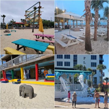Collage of kid friendly restaurant photos with LuLus ropes course, The Gulf picnic tables in the sand, Tacky Jacks sand area with an elephant, and The Hangouts Foam Party