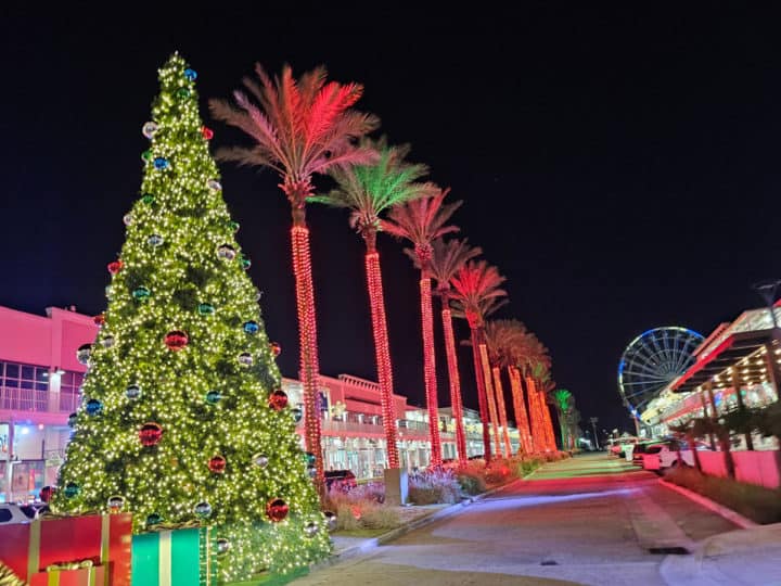 Christmas tree lit up with lights and ornaments next to palm trees with red and green lights. Looking down the road to The Wharf Ferris Wheel