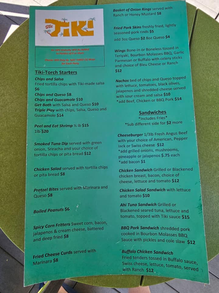 The Tiki appetizer and sandwich menu